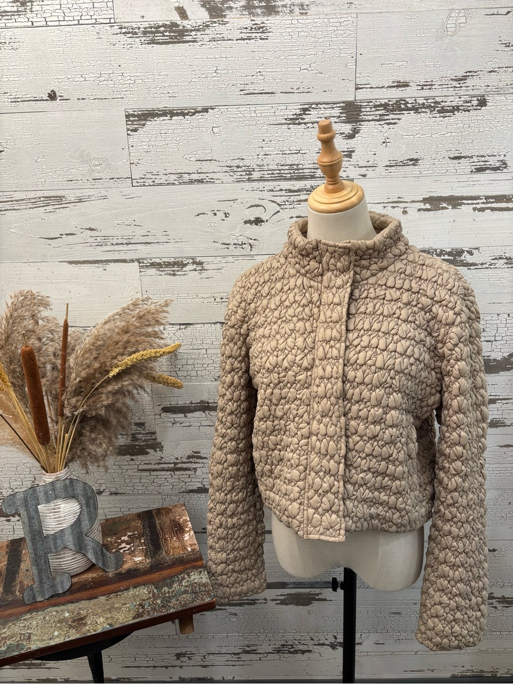 Current Air Quilted Crop Puffer Jacket in Beige